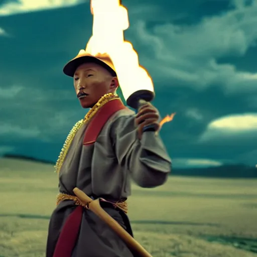 Image similar to cinematic film still Pharrell Williams starring as a Samurai holding fire, Japanese CGI, VFX, 2003, 40mm lens, shallow depth of field,film photography