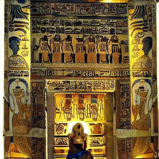 Prompt: of cleopatra with detailed tattoos sitting on a throne in egypt in a huge cathedral adorned with hieroglyphs. the whole scene lit by fire lamps very cinematic epic scene