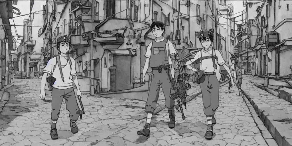 Prompt: wholesome animation studio Ghibli of a young soldier walking near some nazists and tanks in the city of Genova. Sharp bloom dramatic lightning