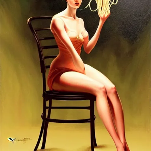 Image similar to a beautiful woman tied to a chair using spaghetti, a woman wrapped in spaghetti, painting by Charlie Bowater and Gerald Brom