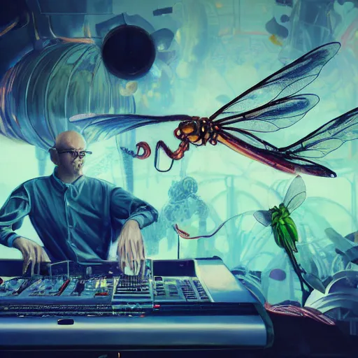 Image similar to surreal gouache painting, by yoshitaka amano, by ruan jia, by Conrad roset, by good smile company, detailed anime 3d render of transparent resin egg with a magical dragonfly inside. Surrounded by a big DJ Mixer, deck, portrait, cgsociety, artstation, rococo mechanical and Digital and electronic, dieselpunk atmosphere