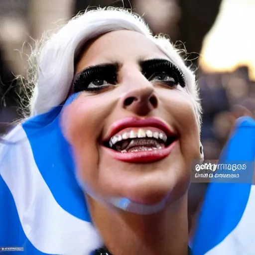 Image similar to Lady Gaga as Evita, Argentina presidential rally, Argentine flags behind, bokeh, epic photo, detailed face, Argentina