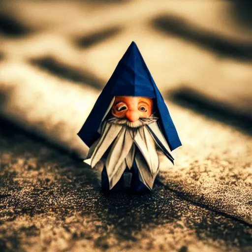 Image similar to close up photo of a small origami gnome, cinematic, shallow dof, 3 5 mm, 4 k, macro