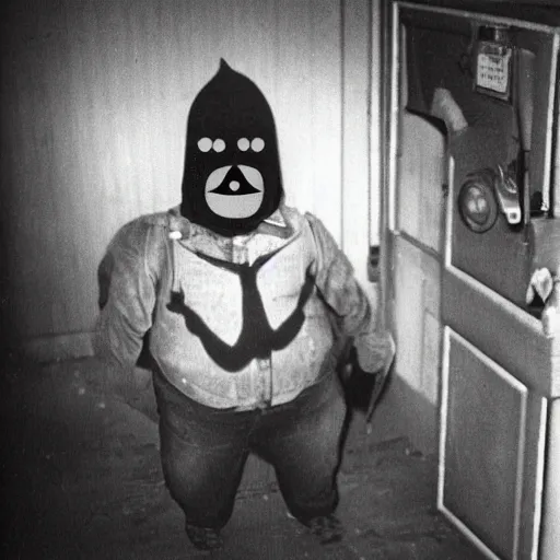 Image similar to realistic photograph of a creepy evil minion, if it were a real person, accidentally caught on camera in a old house, in the 8 0's