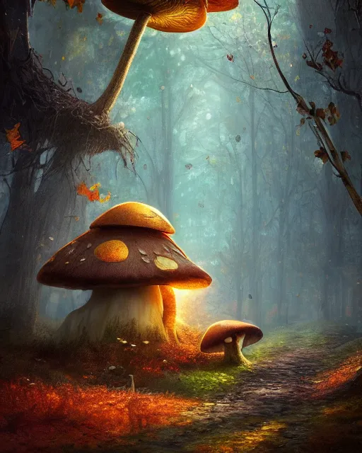 Image similar to a tall cute mushroom house in a magical forest in autumn, cinematic, stunning, adorable, artstation, smooth, hard focus, illustration, art by jessica rossier and and brian froud