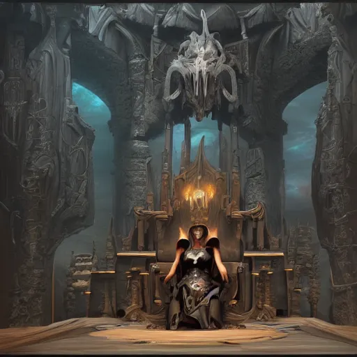 Image similar to reaper queen in her throne room, detailed 3d matte painting, cinematic