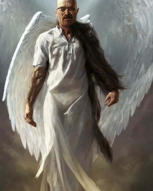 Image similar to walter white winged angel, male!!!!!!!, long white hair, by daniel gerhartz, trending on artstation