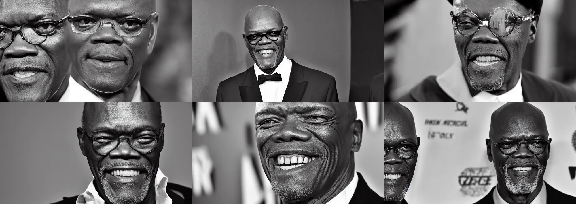 Prompt: photo of Samuel L Jackson as GigaChad, Black and White, Close-Up, Ridiculously Handsome, Smiling, Big Chin, Serious, Award Winning Photo, HD