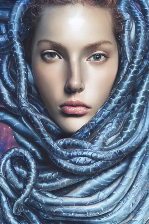 Prompt: hyperrealism oil painting, close - up portrait of face from a tangle of snakes fashion model, knight, steel gradient mixed with nebula sky, in style of baroque