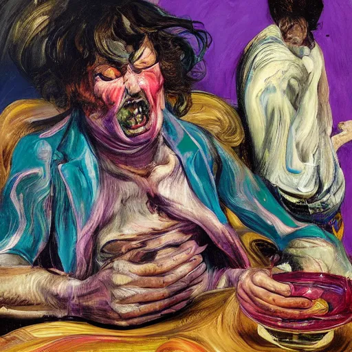 Prompt: high quality high detail expressionist painting of a man in agony by lucian freud and jenny saville and francis bacon and francisco goya and edvard munch, hd, anxiety, seated at table crying and screaming, turquoise and purple and orange and pink