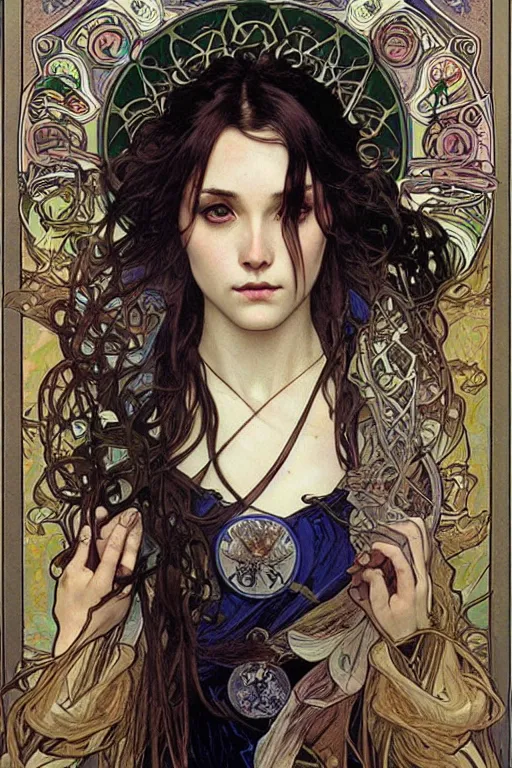 Prompt: realistic detailed face portrait of the Tarot Card of The Magician by Alphonse Mucha, Ayami Kojima, Amano, Charlie Bowater, Karol Bak, Greg Hildebrandt, Jean Delville, and Mark Brooks, Art Nouveau, Neo-Gothic, gothic, rich deep moody colors