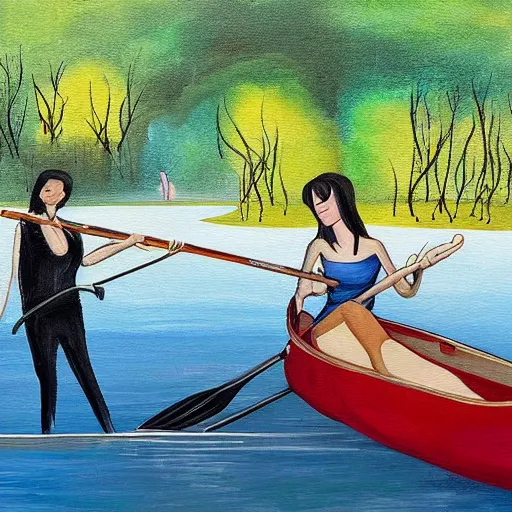 Image similar to surreal painting of a woman and a monster sitting together rowing a boat in central park