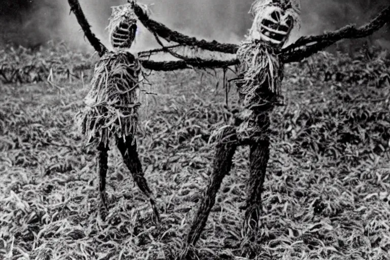 Image similar to horrifying 4 - armed scarecrow from the early 1 9 0 0's burning down the cornfields the cornfields