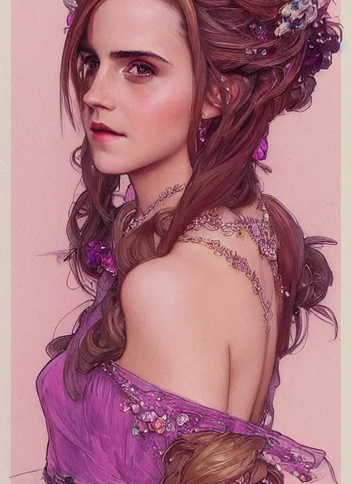 Image similar to full figure emma watson at the yule ball wearing revealing elegant pink and purple dress with flounces. beautiful detailed face. by artgerm and greg rutkowski and alphonse mucha