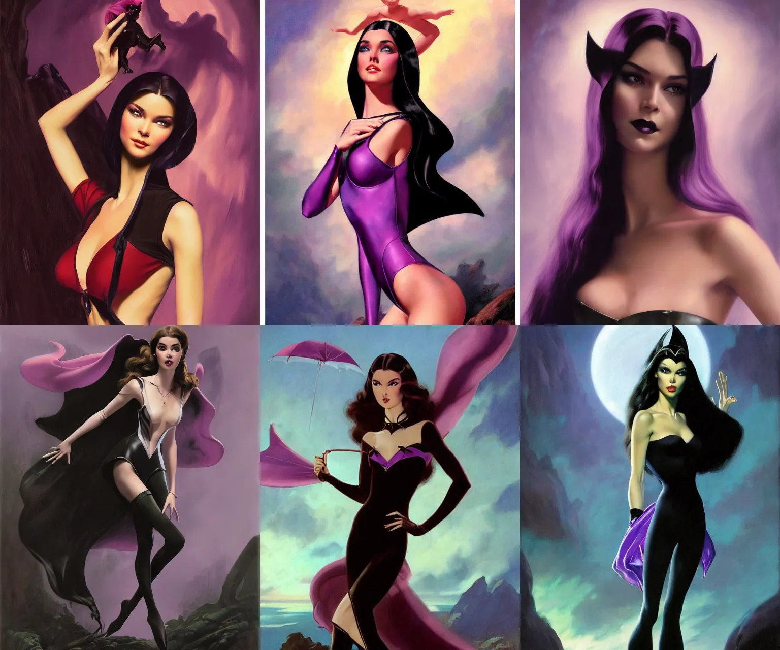 Prompt: a beautiful cinematic masterpiece portrait of kendal jenner as gothic evil daphne blake from scooby - doo, by gil elvgren, by frank frazetta, by greg rutkowski, trending on artstation, featured on pixiv, clothed non - nude portrait, hyper detailed, beautiful studio lights, intricate elegant digital painting, cinematic composition dramatic pose, smooth, sharp focus,
