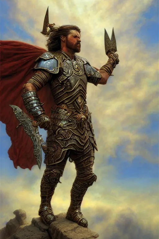 Image similar to masterpiece matte painting of a warrior falling from the clouds, male, breastplate, magical, high fantasy, d & d, by donato giancola, face details, extremely detailed, digital illustration