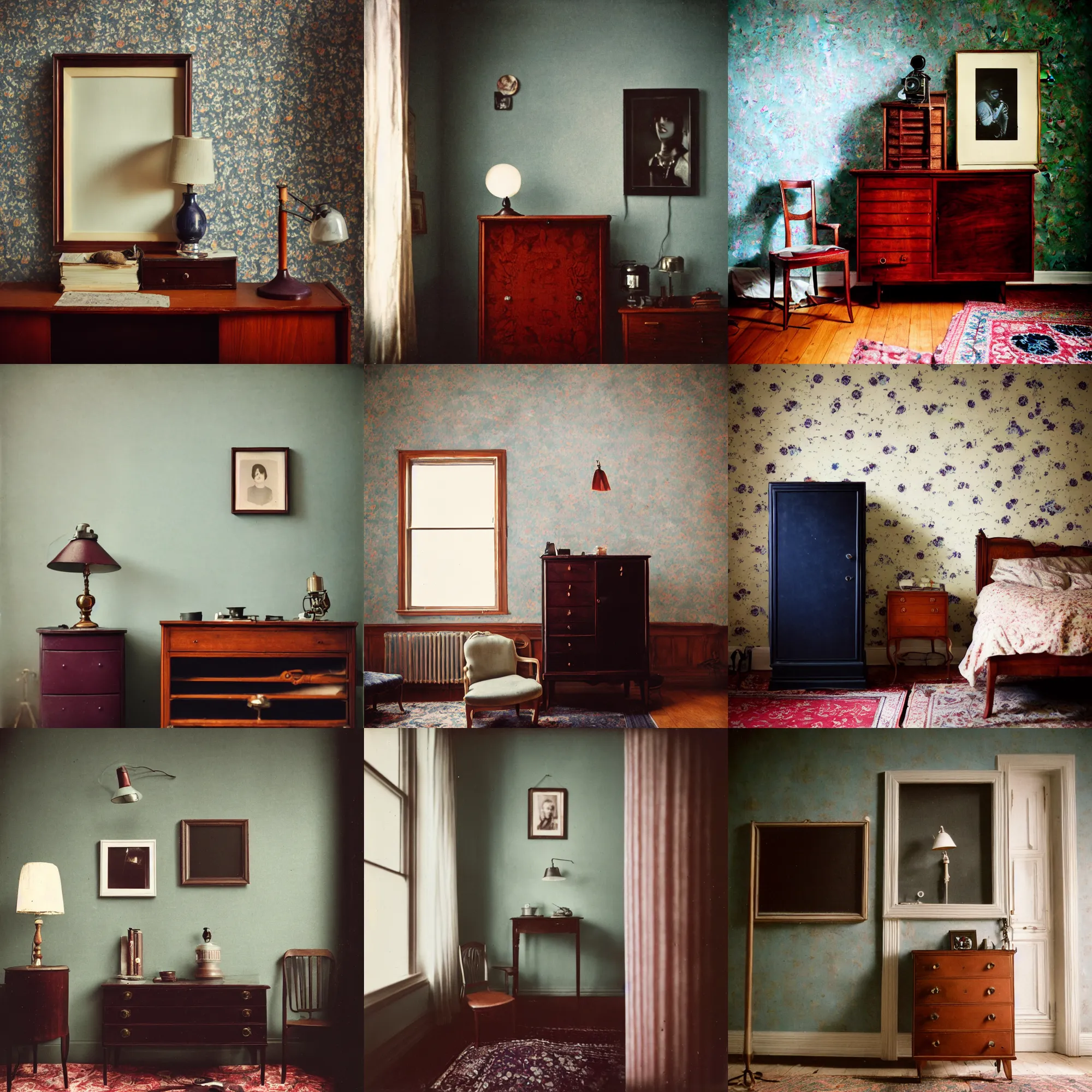 Image similar to kodak portra 4 0 0, wetplate, fisheye, award - winning portrait photo by britt marling, 1 9 2 0 s room, picture frames, 1 9 2 0 s furniture, wallpaper, carpet, shining lamp,, muted colours, blueberry, wood, fog,