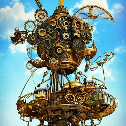 Image similar to flying city in a mechanical flower, sky!, fantasy art, steampunk, masterpiece, behrens style