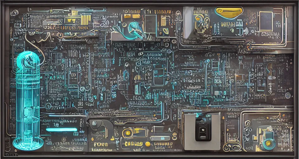 Prompt: product photography framing. digital paint krita render of a small square fantasy vacuum - tube motherboard made and powered by crystalline circuitry. trending on artstation. artificer's lab bg. premium print by angus mckie and james gurney