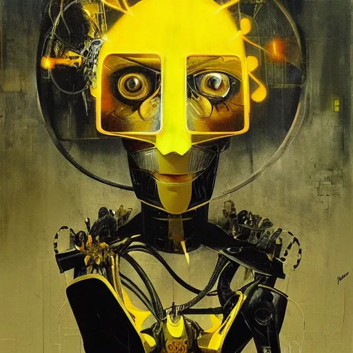 Prompt: a fullmetal wired neon robot kerberos in yellow noir without memory nor feelings, althoughbhe believes he is a god, oil on canvas by dave mckean and esao andrews