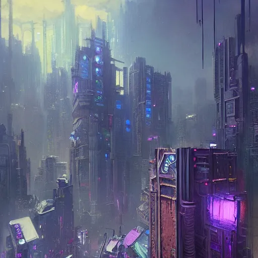 Prompt: A beautiful landscape of a cyberpunk metropolis with giant buildings, and realistic vegetation Giant Psychedelic purple and steel in the space by Mikhail Larionov, greg rutkowski, Monsù Desiderio, George Inness, Henriette Grindat Trending on artstation and SF