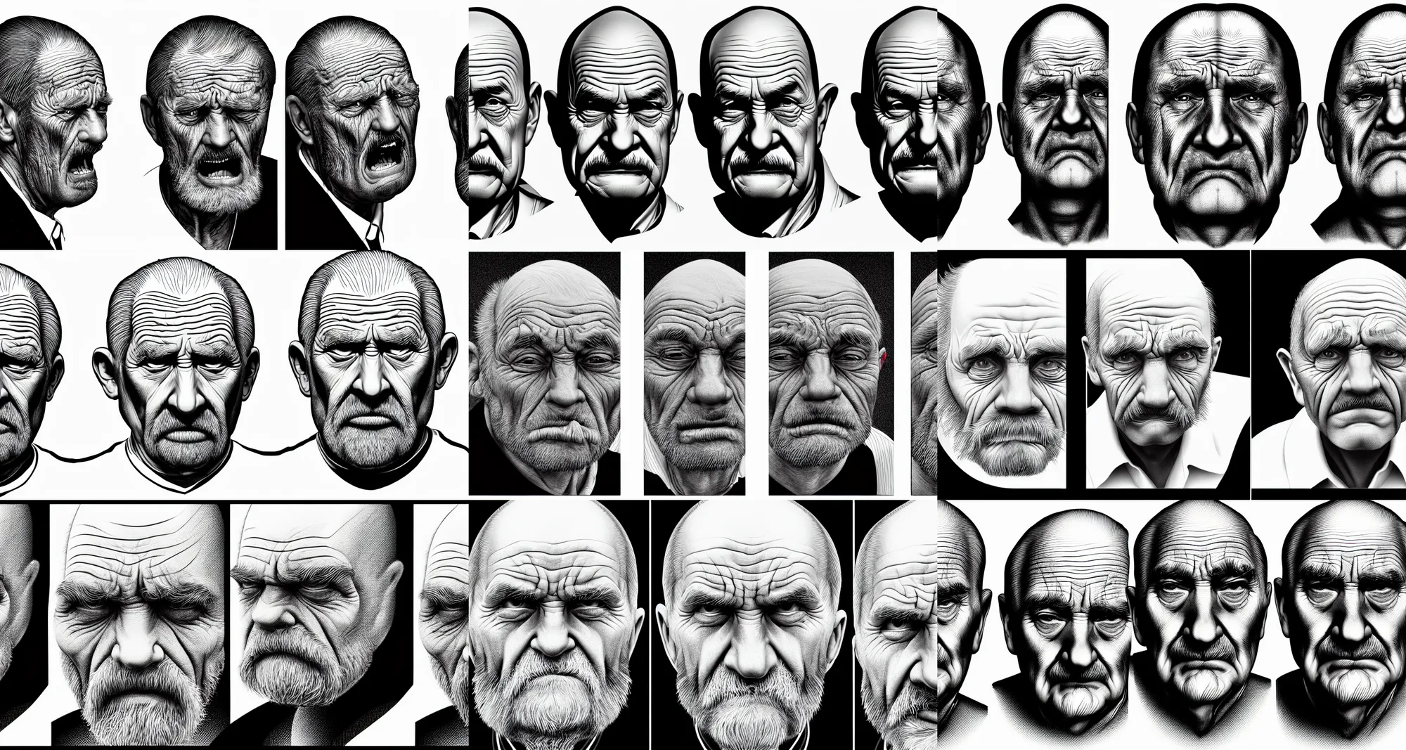Prompt: a triptych of extreme close up monochromatic vector based illustration of a very ordinary very old man with a angry expression, wrinkles, no gradients, pure black ink on white background, smooth curves, vector spline curve style, award winning, stunning, trending on art station, highly detailed