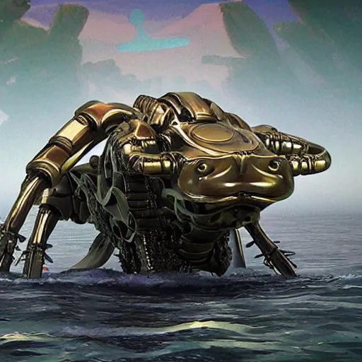 Prompt: realistic amphibious combat mecha in the style of beeple, h. r. giger, peter max