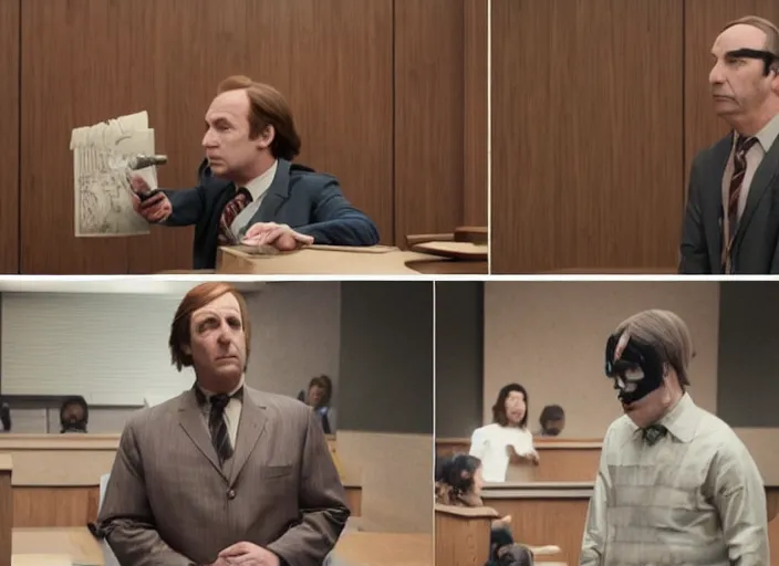 Prompt: saul goodman defending pennywise in court, still from better call saul, shot by wes anderson, symmetrical shot, beautiful shot