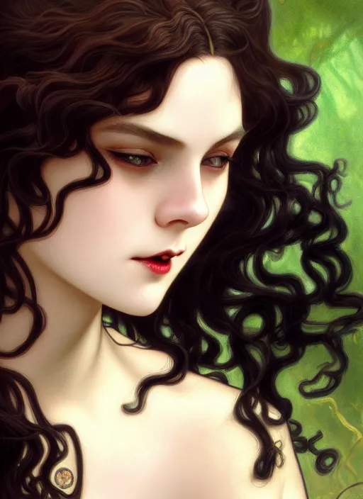 Image similar to young vampire girl, goddess of green velvety malachite and obsidian diamonds and black roses with long curly, golden hair, perfectly proportioned face, brown eyes, sweet smile, strong jawline, natural lighting, path traced, highly detailed, high quality, cartoon, digital painting, by new haicheng and riccardo federici and alphonse mucha