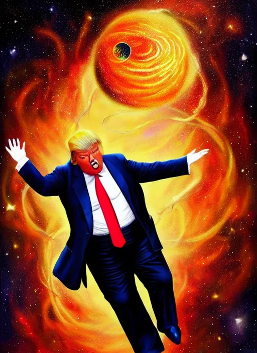 Prompt: extremely fat donald trump, dancing through space, cosmic horror painting, elegant intricate digital painting artstation concept art by mark brooks and brad kunkle, extreme detailed