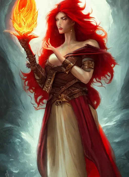Prompt: beautiful female dragon-blooded sorceress with red hair, wielding fireballs in her hands, cloak, charming, DnD character art portrait, matte fantasy painting, DeviantArt Artstation, by Jason Felix by Steve Argyle by Tyler Jacobson by Peter Mohrbacher, cinema