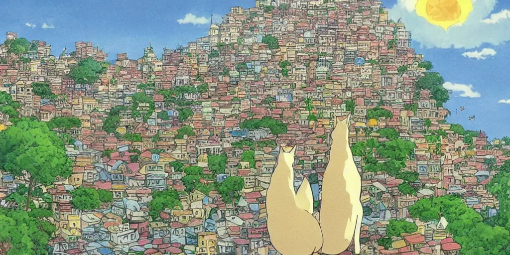 Image similar to cat looking at a sri lankan city, drawn by hayao miyazaki