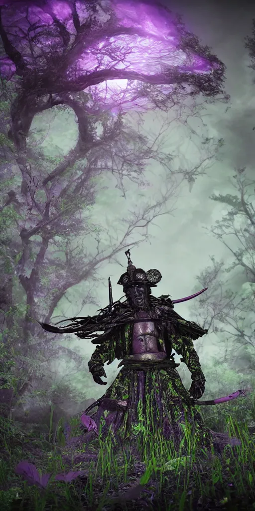 Image similar to a samurai standing in a highly detailed over dimensional green leaves that are not from this world decaying with black vaines, dark fantasy, photorealism, unreal engine, purple hue, sci-fi, by H.R. Giger