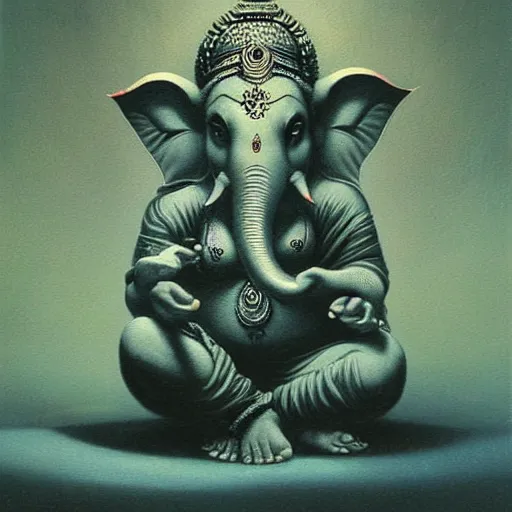 Prompt: indian god ganesha, painting in the style of beksinski, inspired by moebius, highly detailed, moody lighting