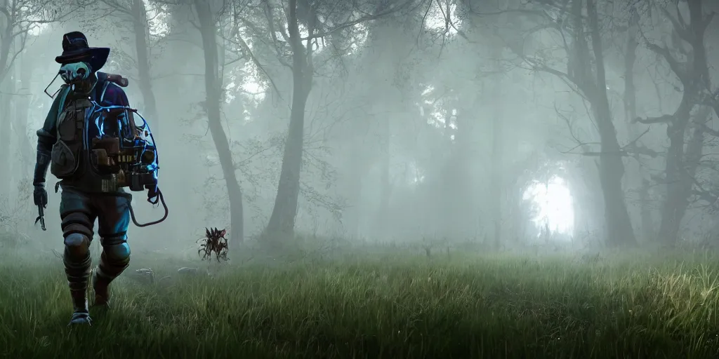 Image similar to a beautifully strange image of a gamekeeper wearing a dieselpunk mechanical fluorescent mystical animal mask. walking in the misty, dangerous river. in style of fornite game. award winning. dramatic. trending on artstation. high quality. rendered by beeple, by makoto shinkai, syd meade, digital art, unreal engine 5, fornite game. octane render