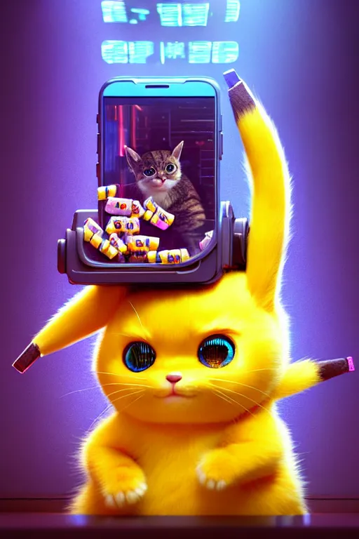 Image similar to high quality 3 d render very cute cyborg cat eating candy, cyberpunk highly detailed, unreal engine cinematic smooth, in the style of blade runner & detective pikachu, hannah yata charlie immer, moody light, low angle, uhd 8 k, sharp focus