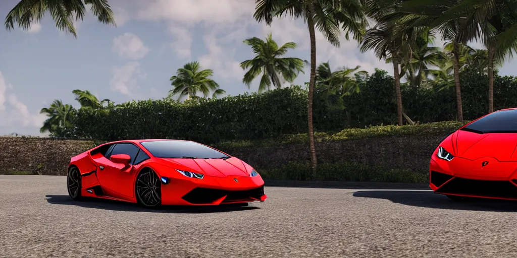 Prompt: red Lamborghini huracan!, unreal engine 5!, hyperrealistic!, cinema 4D!, dynamic lighting! Beach! Tropical paradise!, cinematic landscape!, studio landscape! Amazing ultra quality!