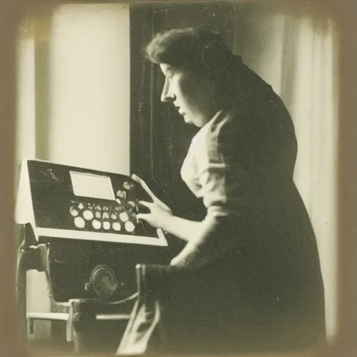 Prompt: a daguerrotype photo of a woman using a game computer, award winning photo