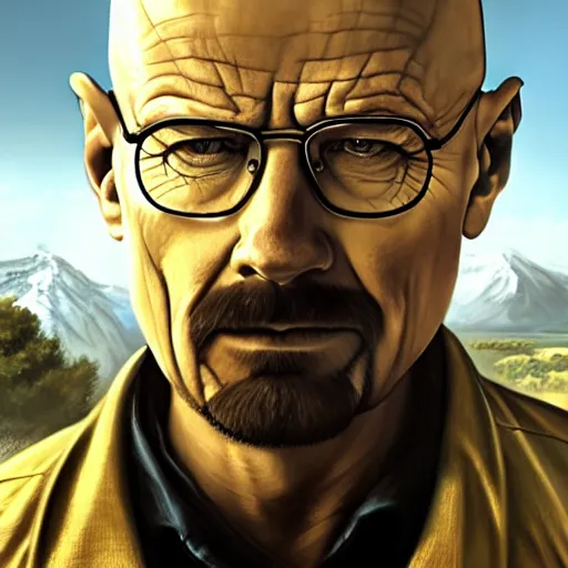 Prompt: Walter white on the cover of Far Cry game, intricate, elegant, highly detailed, digital painting, artstation, concept art, smooth, sharp focus, illustration, art by artgerm and greg rutkowski and alphonse mucha