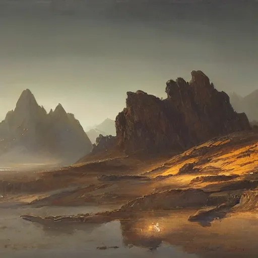 Image similar to a vast, black, rocky, desolate mountain range, mysterious atmospheric lighting, painted, intricate, volumetric lighting, rich deep colours masterpiece, golden hour, sharp focus, ultra detailed, few towns lie at the foot of the mountain range, by ruan jia and greg rutkowski