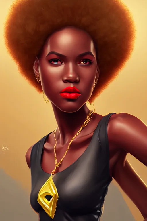 Prompt: portrait of young black super hero girl, short blonde Afro,sexy red lips, tall and slim figured, Brooklyn background, highly detailed and rendered gold jewelry, digital art, intricate, sharp focus, Trending on Artstation, HQ, unreal engine 5, 4K UHD image, by brom, artgerm, face by Otto Schmidt
