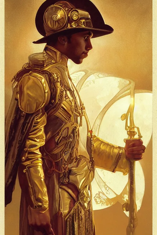 Prompt: a dramatic ethereal epic symmetrical painting of a handsome light-skinned cowboy in a gold outfit | tarot card, art deco, art nouveau, (steampunk), homoerotic, realistic | by Greg Rutkowski, by Mark Maggiori and ((((Alphonse Mucha))) | trending on artstation