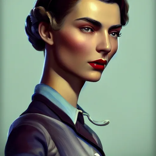 Image similar to A videogame portrait of a Spanish young woman with high cheekbones. Good bone structure. Dressed in 1940s style. Highly detailed, fine Art, high detail, great lighting, 8k resolution, masterpiece, concept art, illustration, clear eyes, painting oil on canvas, octane render, HDR, trending on artstation, 4k, 8k, HD