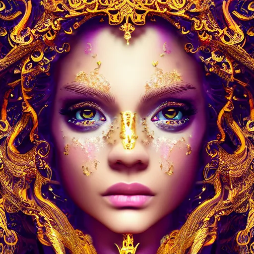 Prompt: wonderful princess made of gold, beautiful face, hyper detailed, flowing psychadelic background intricate and detailed, ornate 8 k gorgeous intricate detailed, octane render
