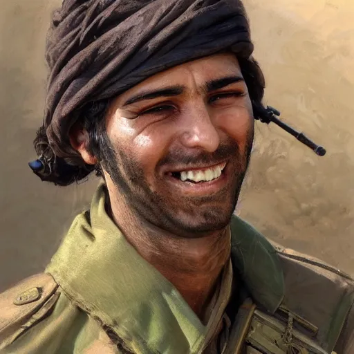 Prompt: a portrait of a happy Kurdish YPJ soldier, detailed, centered, digital painting, artstation, concept art, donato giancola, Joseph Christian Leyendecker, WLOP, Boris Vallejo, Breathtaking, 8k resolution, extremely detailed, beautiful, establishing shot, artistic, hyperrealistic, beautiful face, octane render