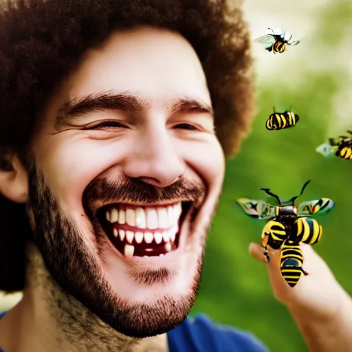 Prompt: photograph of smiling man with bees inside his mouth, 8k resolution, high detail, ULTRA REALISTIC VFX, reflections