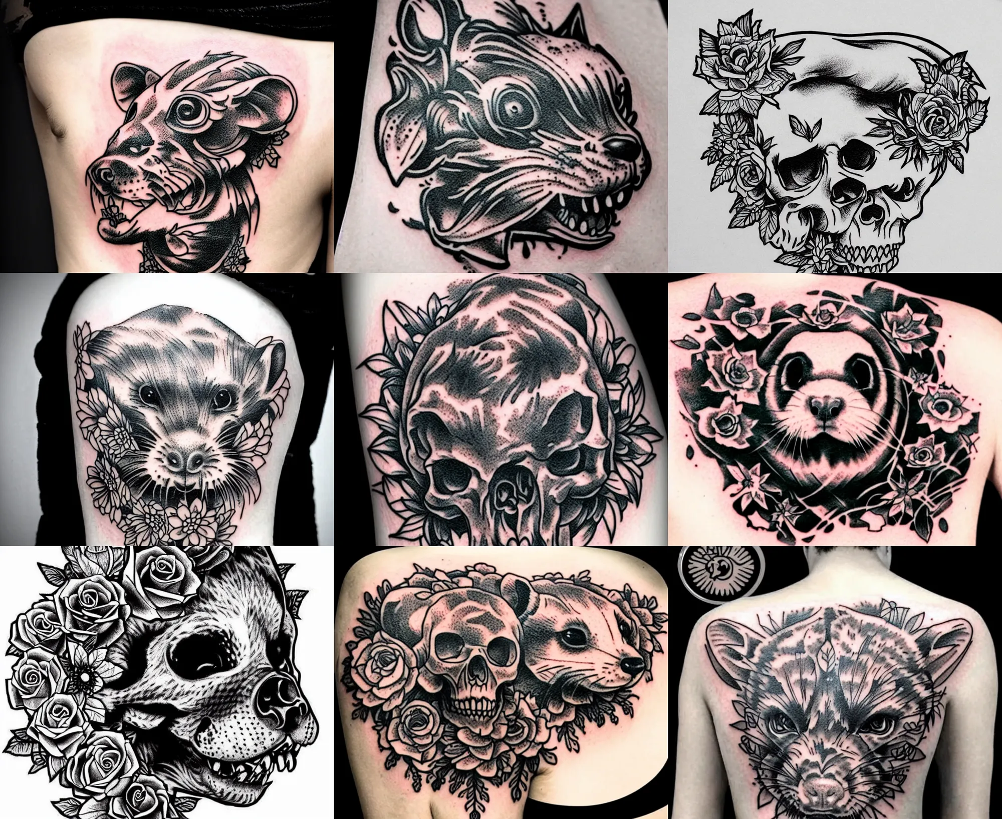 Image similar to detailed amazing tattoo stencil of a floral ferret crawling on a human skull