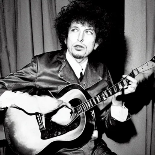 Prompt: bob dylan hitting kermit the frog with his guitar, photograph