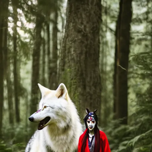 Image similar to Highly realistic photo of Princess Mononoke as a real person ((asian woman with red facepaint)) determined expression, standing next to a giant white wolf, in a forest, 85mm lens, f1.8, highly detailed