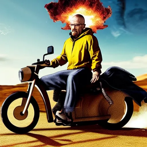 Prompt: photo of walter white riding a bike with an exploding car behind him, color, cinematic lighting